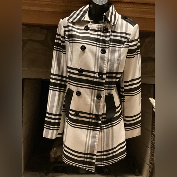 BCX BLACK & WHITE PLAID DOUBLE BREASTED PEACOAT SZ.L - Picture 2 of 16